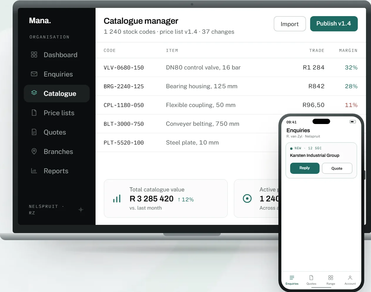 Mana on a laptop and a phone: the catalogue manager with stock codes, trade prices and margins, and a new enquiry arriving on a rep's phone