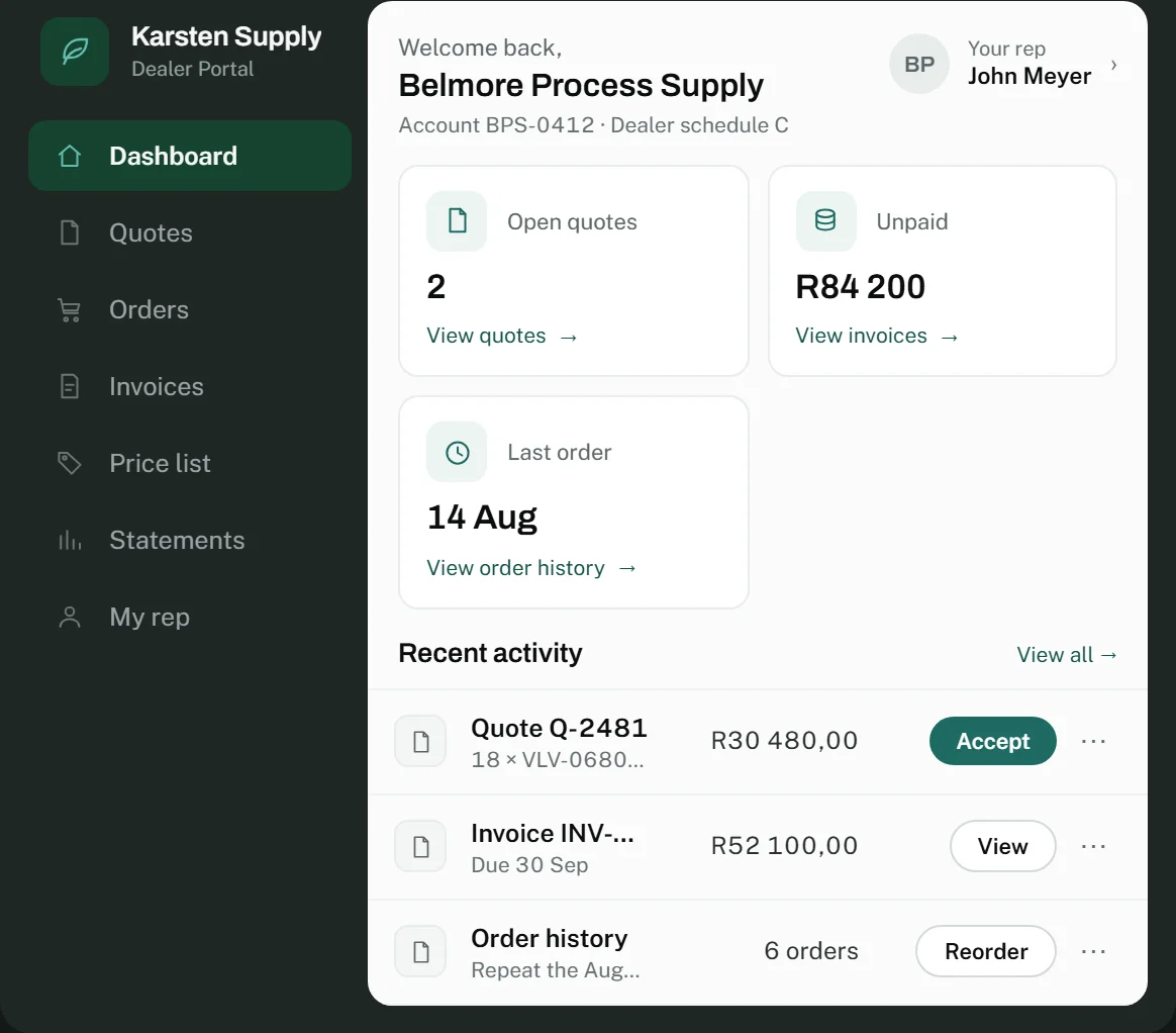 The customer portal a trade customer signs in to: their quotes, orders and invoices, and the rep who looks after them